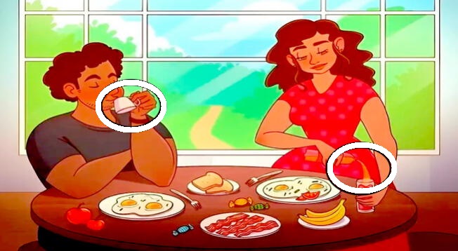 Solução do teste de QI com casal desfrutando de um café da manhã simples com ovos, bacon, frutas e um refrigerante.