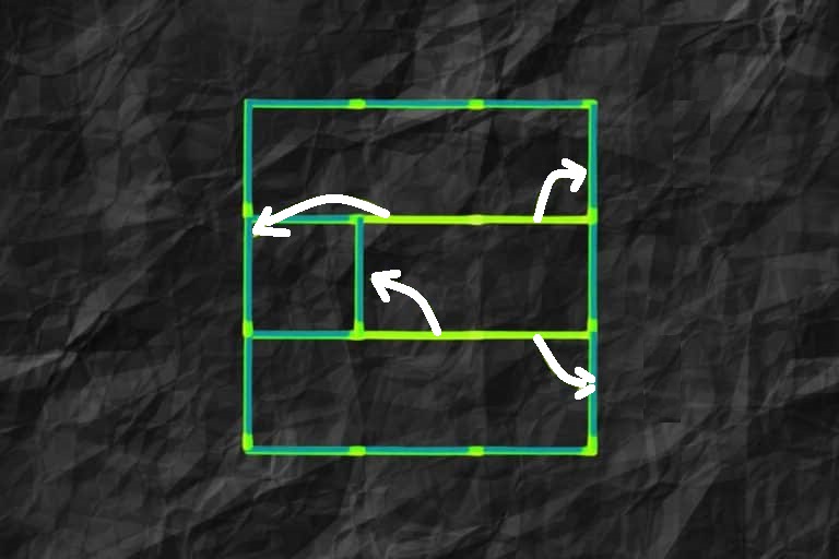 Teste de QI visual com palitos com uma formação geométrica e um personagem animado com expressão pensativa.