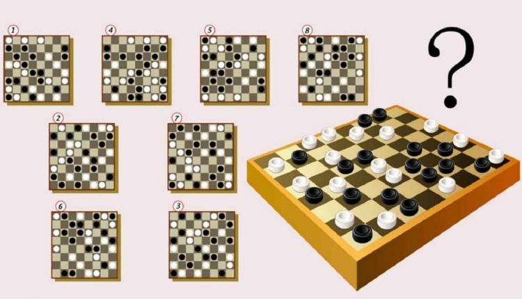 Jogo de damas com tabuleiro 3D e opções numeradas para resolver um teste de QI.