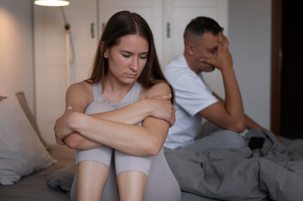 Casal demonstrando desconforto emocional, com ambos afastados, ilustrando um momento de tensão em um relacionamento codependente