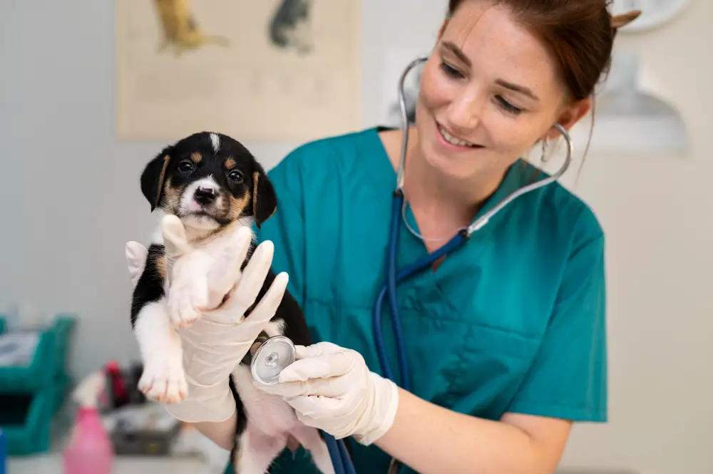 Veterinária examinando um filhote de cachorro, representando a profissão de medicina veterinária, uma das mais bem remuneradas.