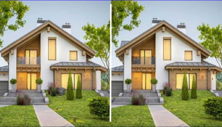 Desafio lógico com uma imagem mostrando duas casas modernas lado a lado, com diferenças sutis entre elas.