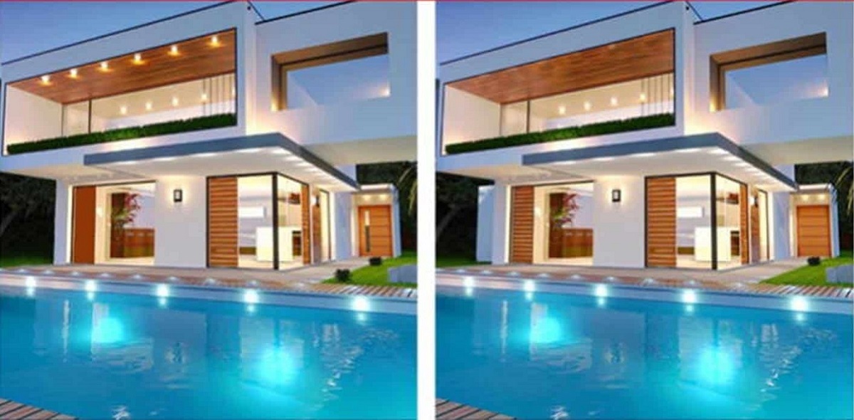 Comparação de duas imagens de uma casa moderna com piscina, apresentando diferenças sutis entre elas.