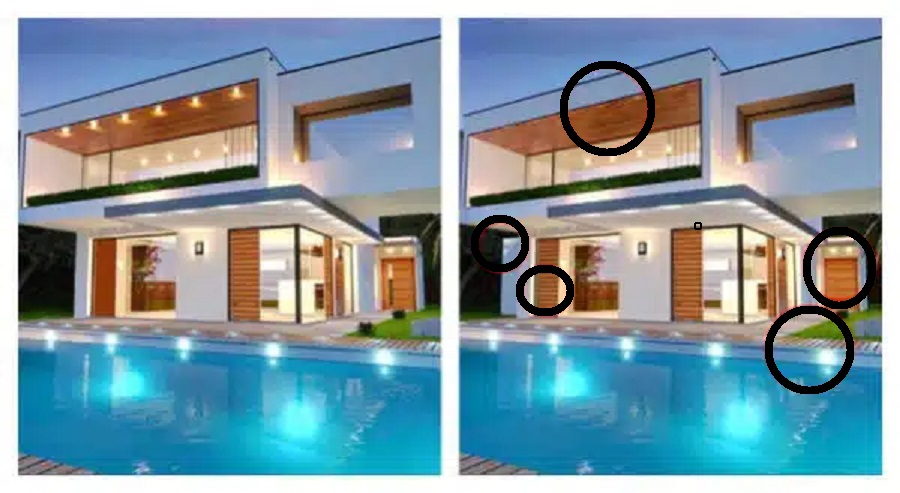 Solução do desafio lógico com comparação de duas imagens de uma casa moderna com piscina, apresentando diferenças sutis entre elas.