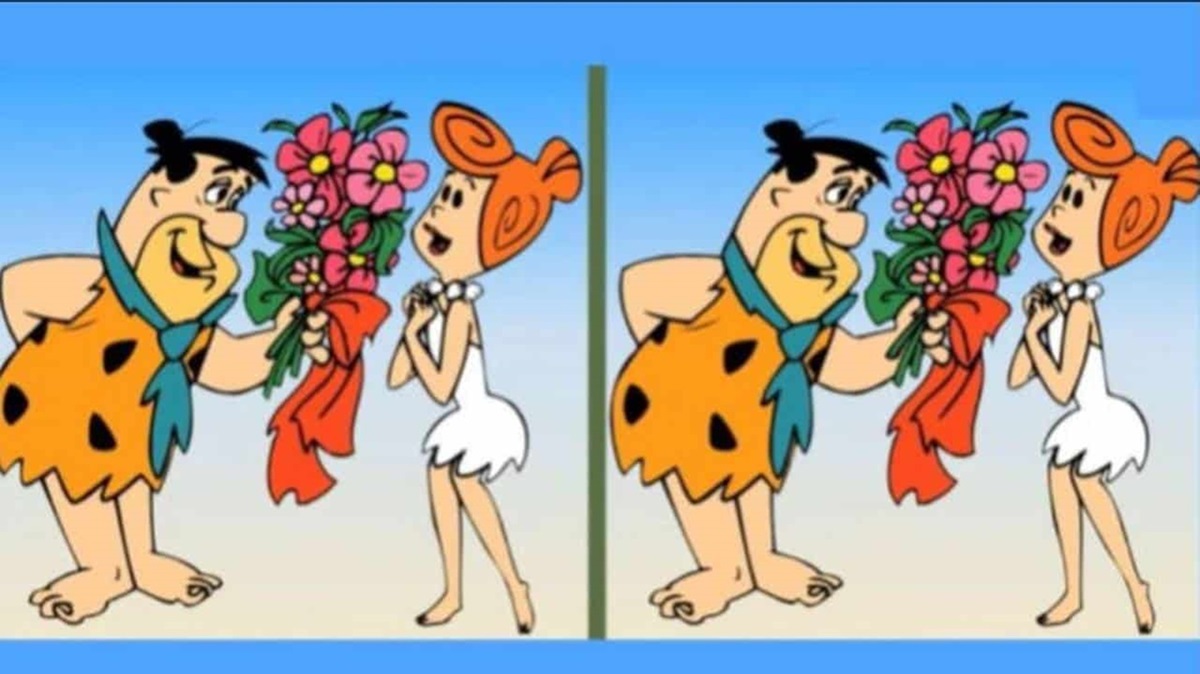 Fred e Wilma Flintstone em uma imagem de desafio visual, com a tarefa de encontrar três diferenças entre as duas versões da cena com flores.