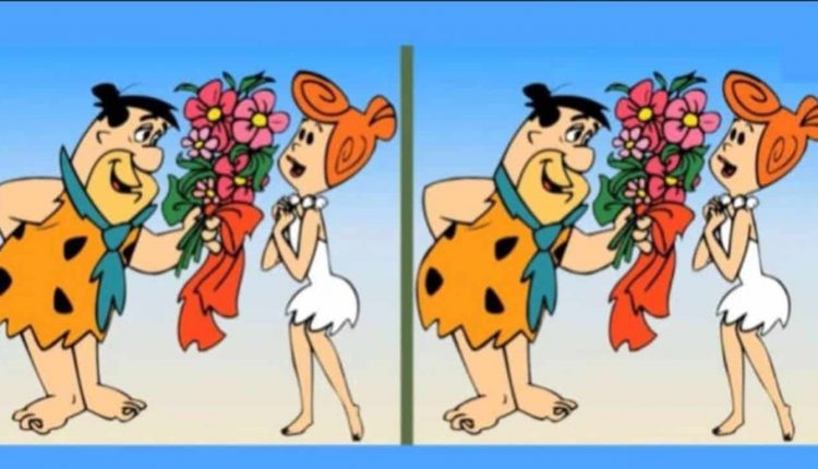 Fred e Wilma Flintstone em uma imagem de desafio visual, com a tarefa de encontrar três diferenças entre as duas versões da cena com flores.