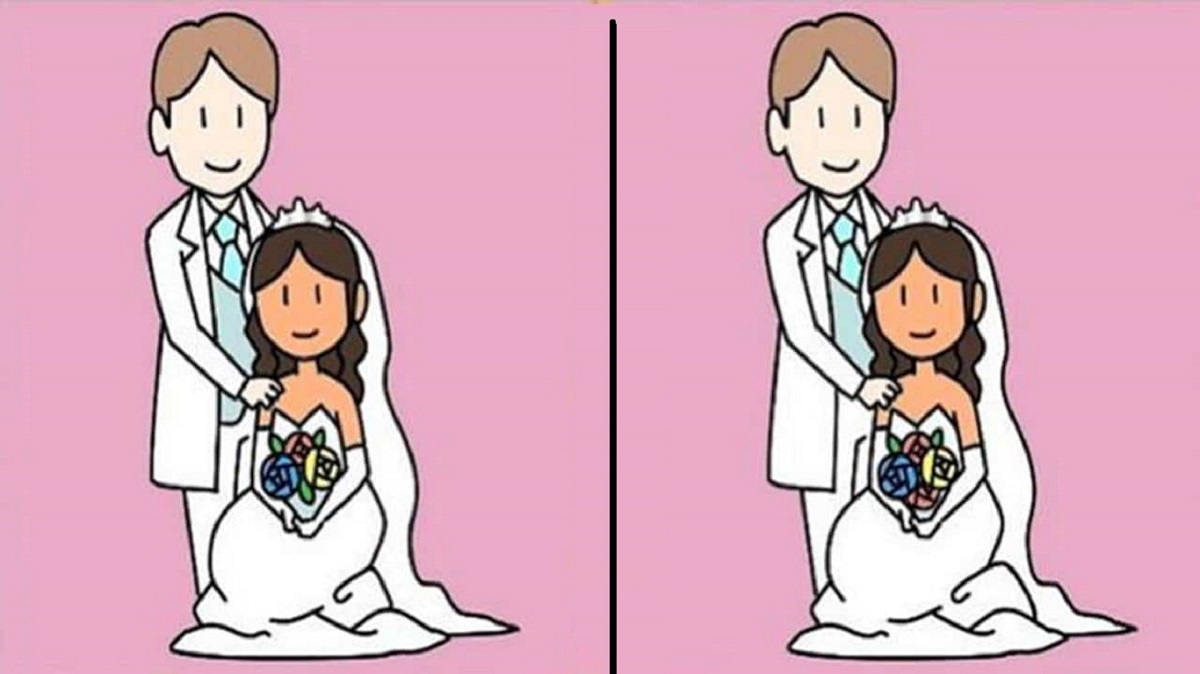 Ilustração de um casal de noivos lado a lado com pequenas diferenças entre as duas imagens.