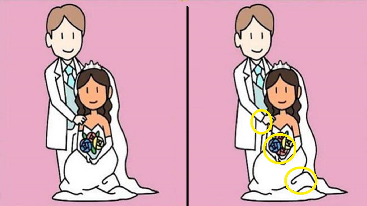 Solução do desafio visual de um casal de noivos lado a lado com pequenas diferenças entre as duas imagens.