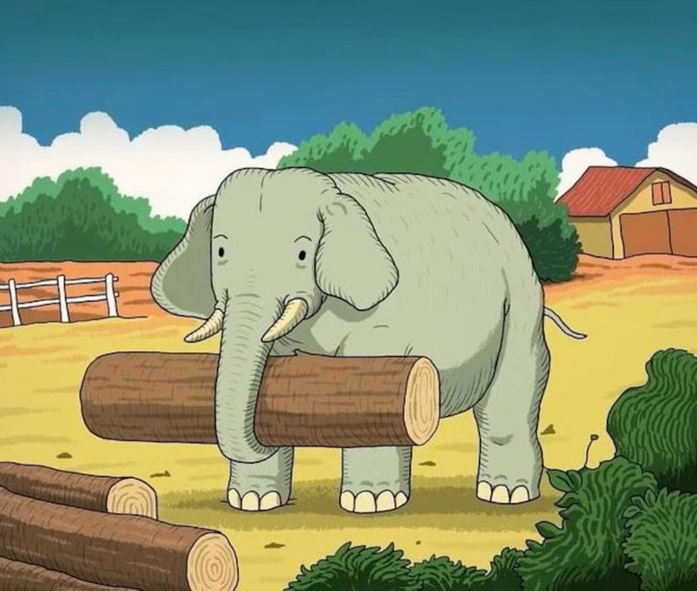 Ilustração de um elefante carregando um tronco com a tromba em uma fazenda