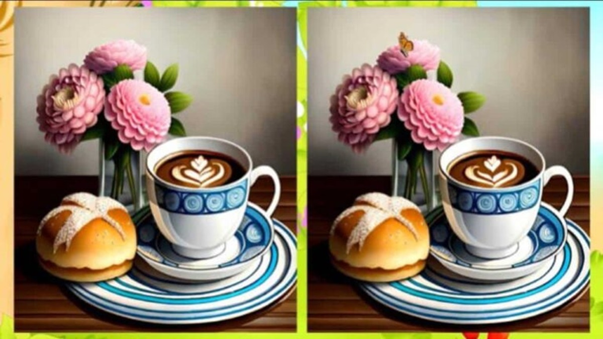 Imagem de um café com flores e um pãozinho, com pequenas diferenças para encontrar entre as duas versões.