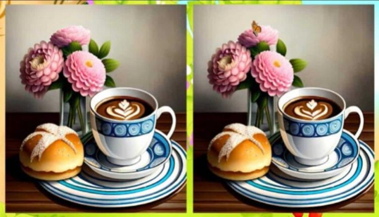 Raciocínio lógico com imagem de um café com flores e um pãozinho, com pequenas diferenças para encontrar entre as duas versões.