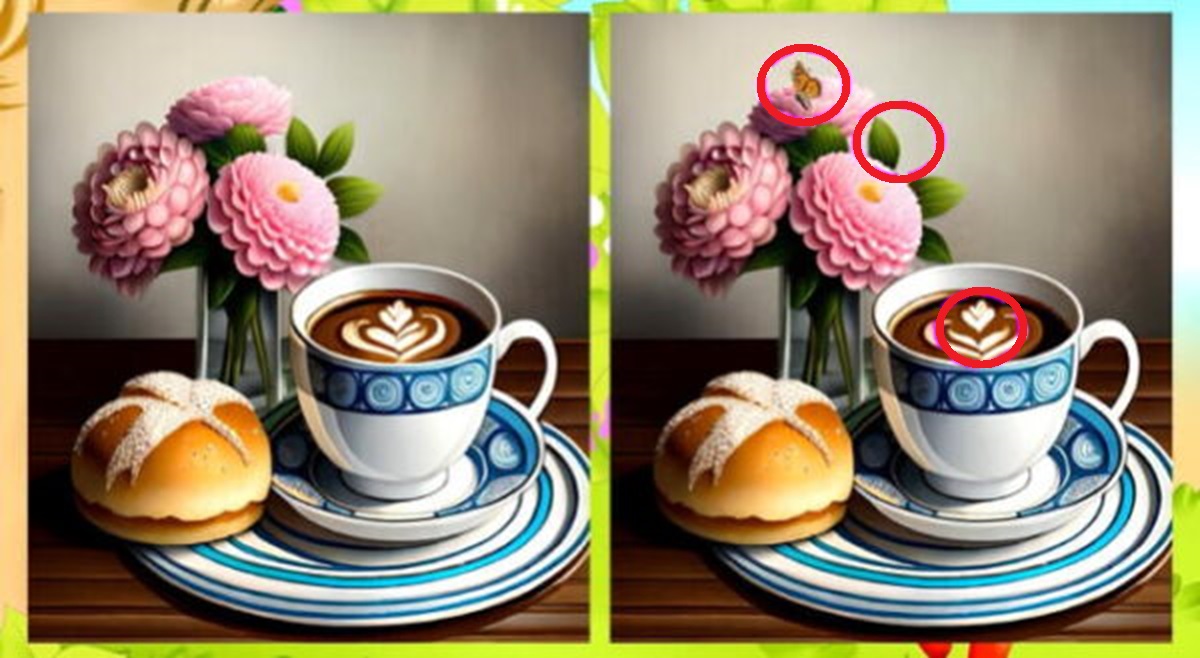 Solução do raciocínio lógico com imagem de um café com flores e um pãozinho, com pequenas diferenças para encontrar entre as duas versões.