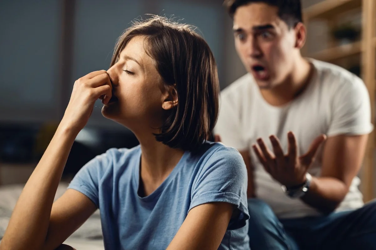 Mulher angustiada enquanto um homem a acusa de forma agressiva.