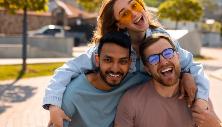 Amigos sorrindo e se divertindo ao ar livre, simbolizando a ativação de hormônios da felicidade.