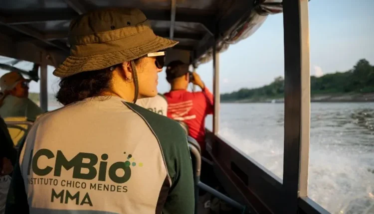 Funcionário do ICMBio a bordo de barco, realizando atividades de fiscalização e preservação ambiental.