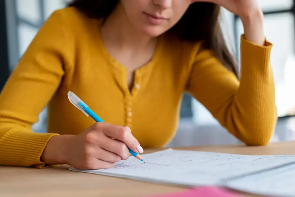 Mulher estudando e fazendo anotações para concurso público