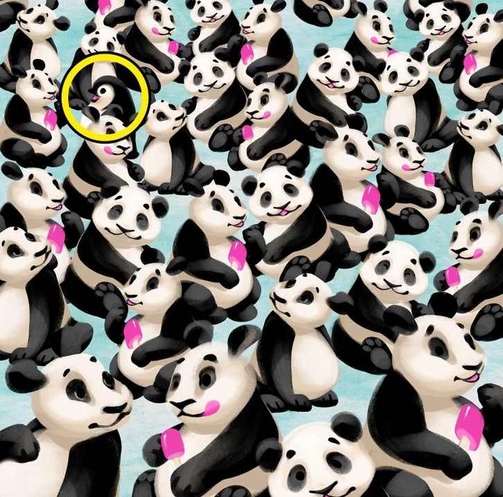 Resposta do desafio visual do pinguim entre os pandas. Fonte: Jagran Josh.