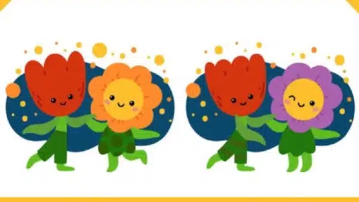 Desafio de encontrar diferenças entre duas imagens de flores sorridentes.