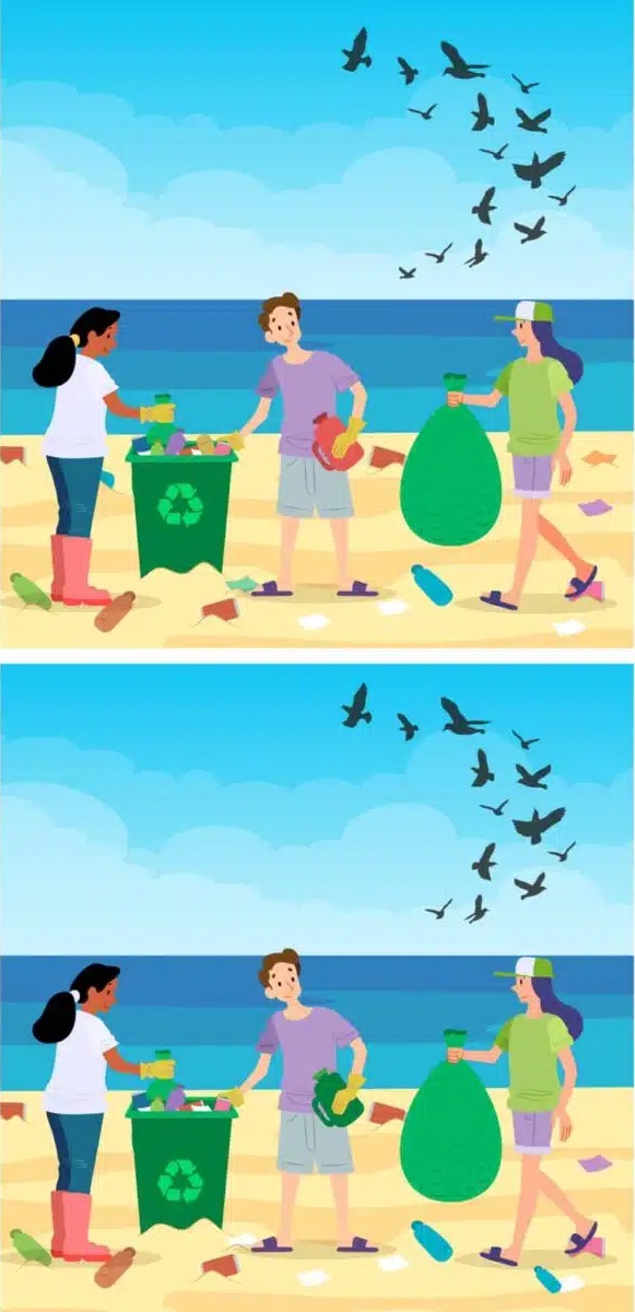 Ilustração de três pessoas limpando uma praia, com um cesto de reciclagem e pássaros voando no céu.