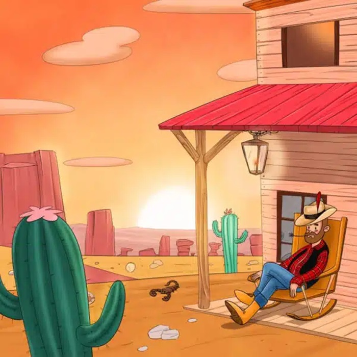 Ilustração de um cowboy relaxando em uma cadeira de balanço no deserto, com elementos escondidos na cena.