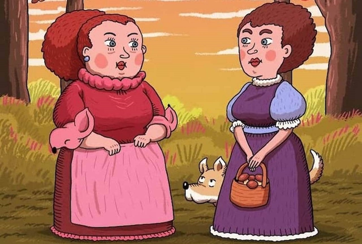 Ilustração de duas mulheres em um cenário campestre com um cachorro escondido de maneira camuflada.