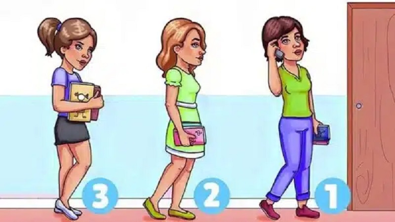 Ilustração de três mulheres caminhando em direção a uma porta, numeradas de 3 a 1.