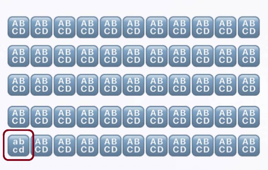 Solução do desafio lógico com repetição de blocos de letras 'AB CD', exceto por um bloco diferente.