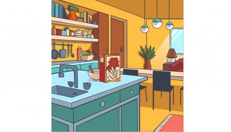 Teste visual com uma ilustração colorida de uma cozinha moderna com utensílios e objetos diversos, incluindo um batom escondido.